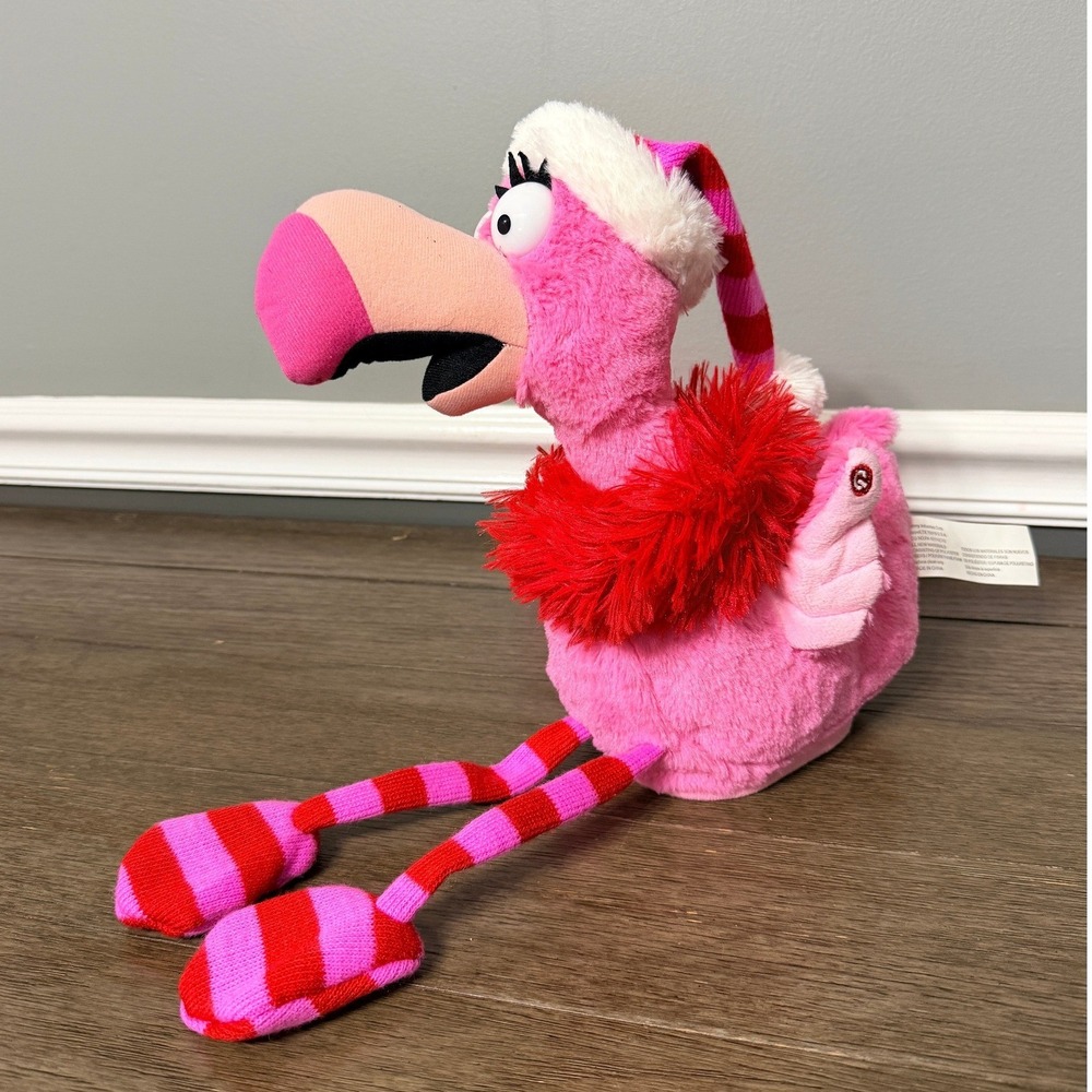 Gemmy Flamingo Animated Plush Pink Christmas Holiday Striped Hat‎  Toy